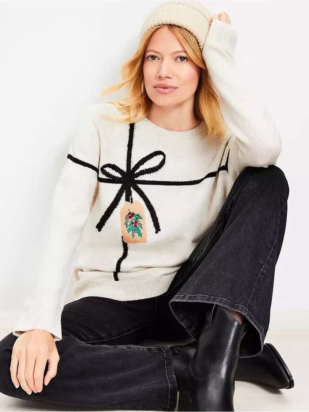LOFT Cream and Black Crew Neck Sweater with Ribbon and bow Detail Holiday